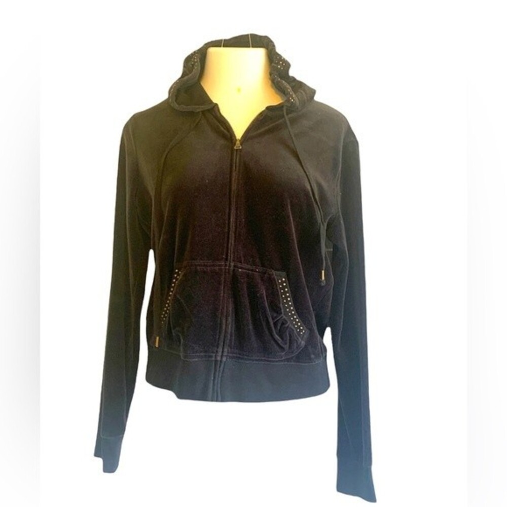 VINTAGE Express 90’s Black Terry Velour Zip Hoodie Jacket Top Pockets Lg VTG